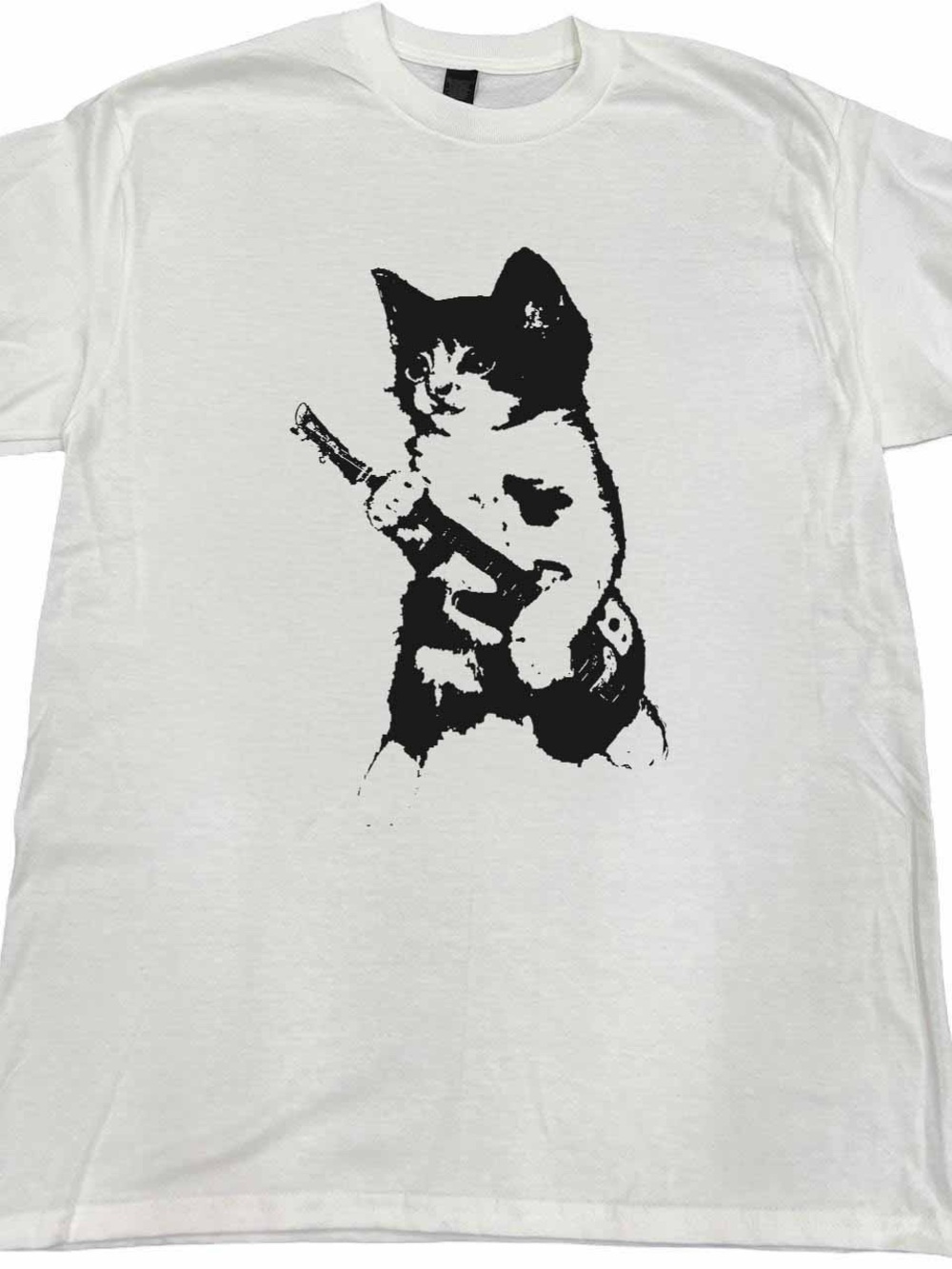 Gildan White T-Shirt with Black Cat Playing Guitar Graphic